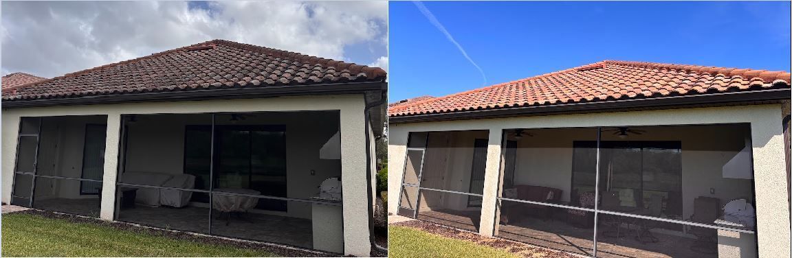 Before-and-after of a house exterior with a red tiled roof, showing weathered and freshly painted facades.