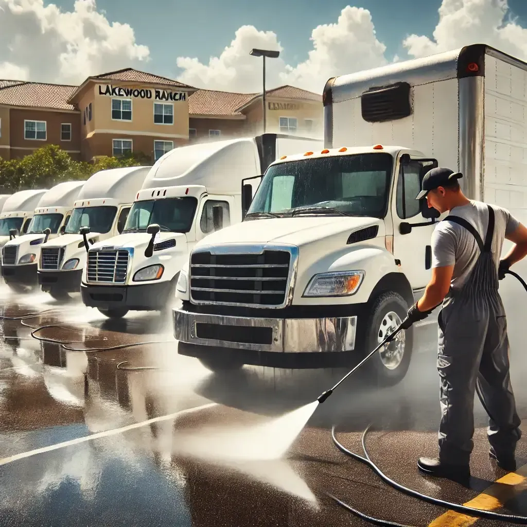 Worker pressure-washing a row of white delivery trucks in a commercial lot
