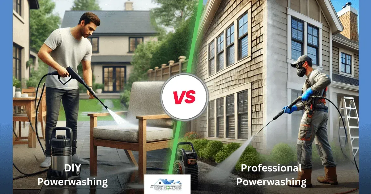 DIY pressure washing vs professional pressure washing split-screen of two workers cleaning a house exterior