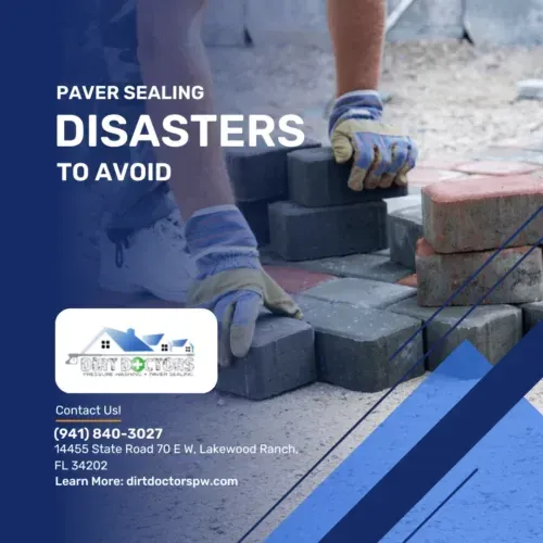 Paver sealing warning graphic with worker laying pavers, contact info, and blue geometric accents
