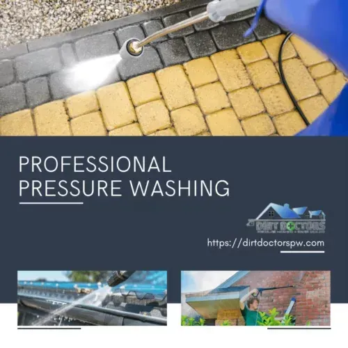Professional pressure washing ad showing a spray cleaning yellow pavers and patio surfaces