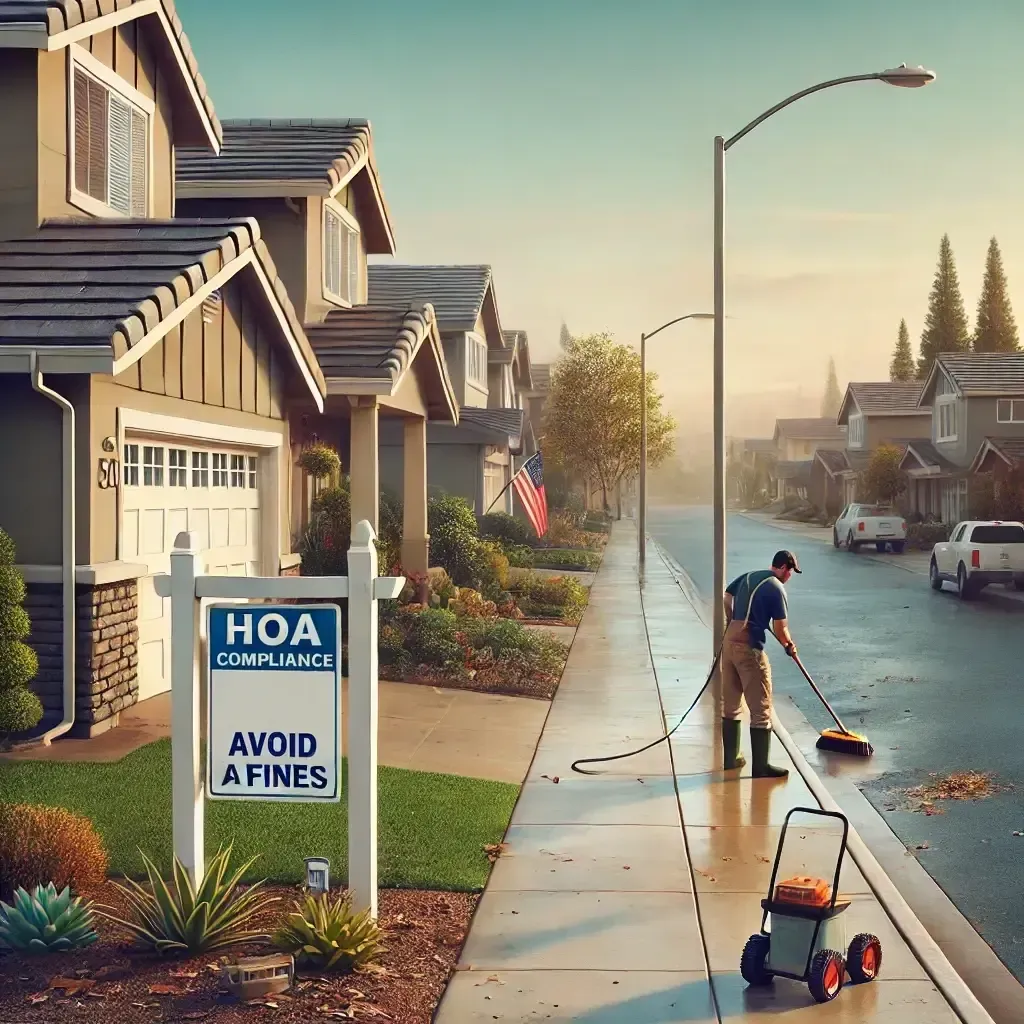 Man washing sidewalk in a suburban neighborhood beside a sign reading “HOA guidelines: avoid fines”