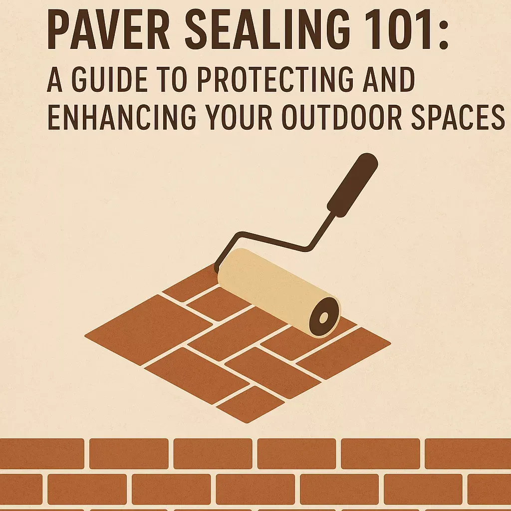 Paver sealing 101 poster with a paint roller coating brick pavers on a beige background
