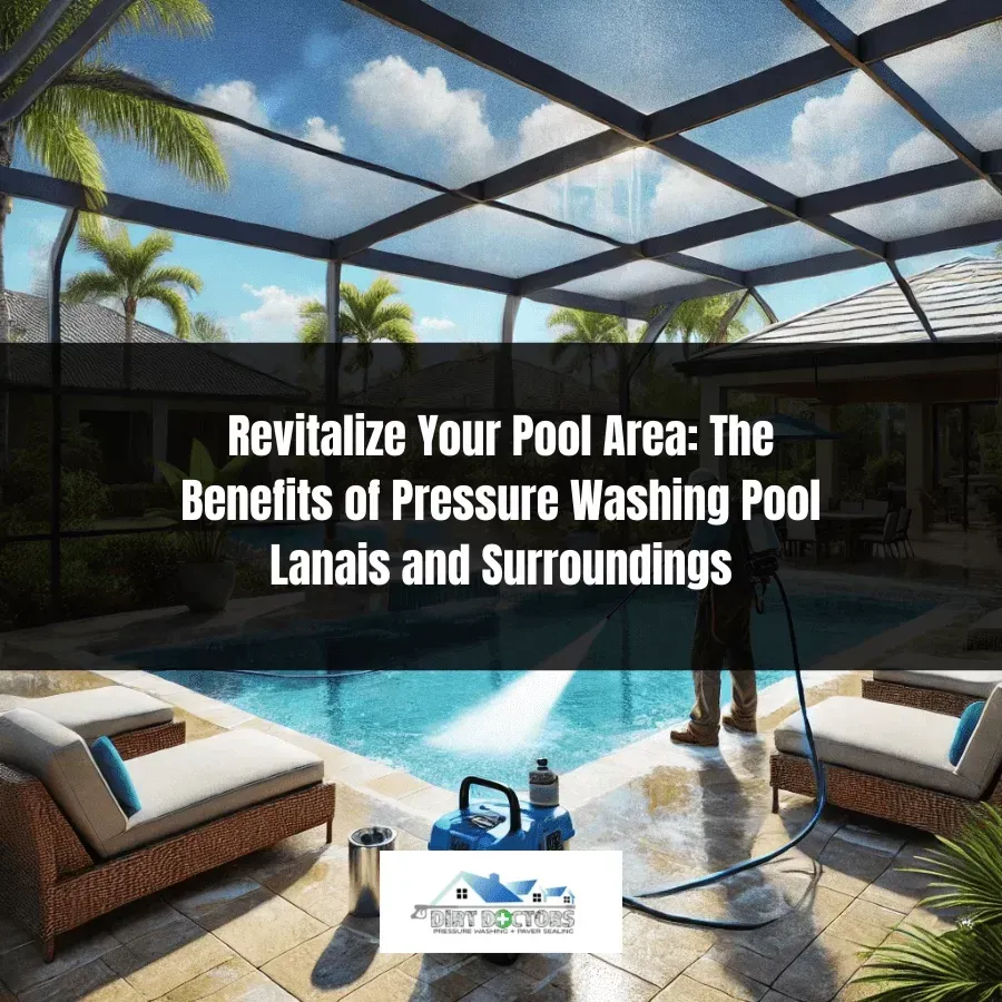 Pool lanai pressure washing ad with patio, pool, blue sky, and cleaning equipment nearby