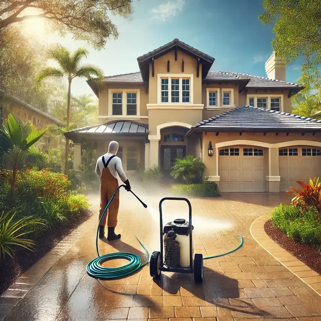 Person pressure washes a sunlit suburban driveway beside a tan house, with hose and washer in front.