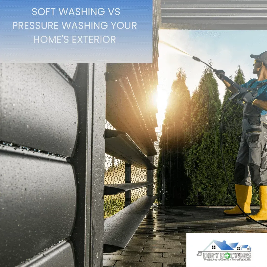 Soft washing home exterior with pressure washing equipment on siding and walkway at sunset