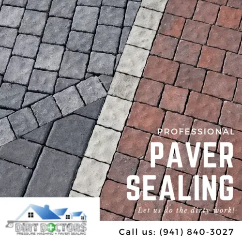 Promotional flyer for professional paver sealing with gray and red pavers and phone number (941) 840-3027