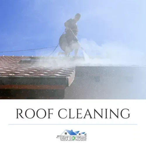 Worker pressure washing a red roof amid mist, with “ROOF CLEANING” text below