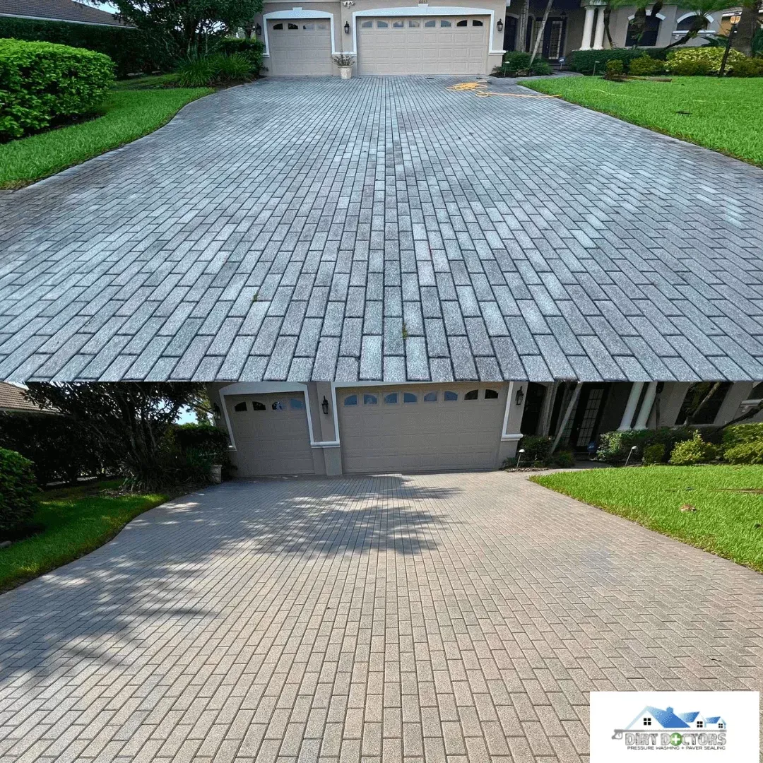 Before-and-after driveway comparison: gray pavers above, lighter pavers below, leading to a garage.