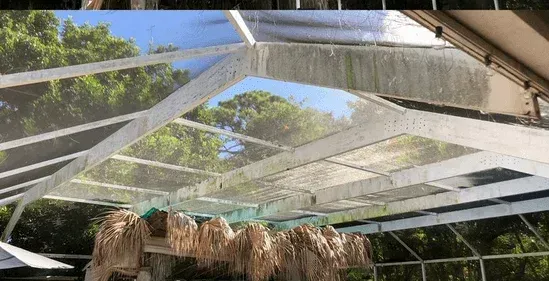Sunlight filtering through a white mesh canopy above trees and thatched structures