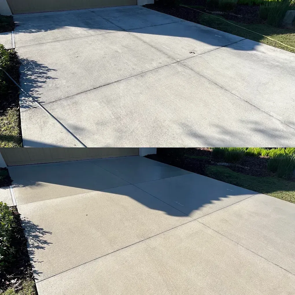 Sunny concrete driveway with shadows and a house entrance, shown in a split before-and-after view.