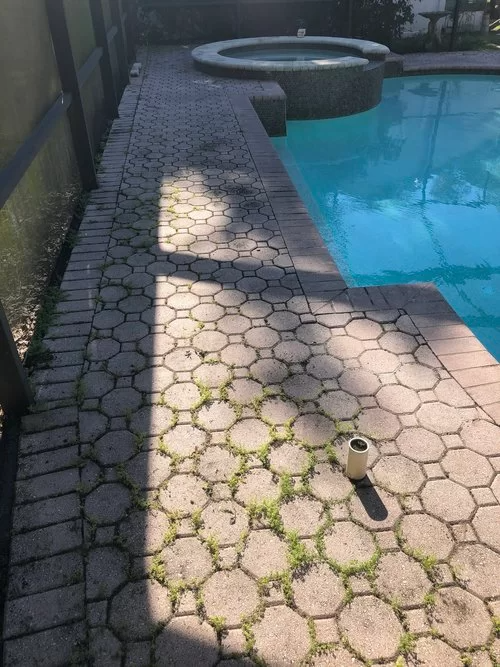 Poolside walkway with hexagonal pavers, a small cup on the ground, and sunlight casting shadows