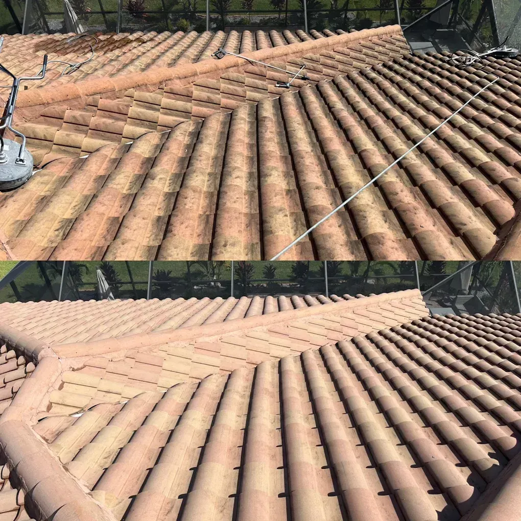Before-and-after view of a terracotta tiled roof with diagonal repair lines and safety ropes.