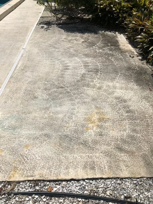 Sunlit concrete sidewalk with a textured, worn surface beside gravel and shrubs