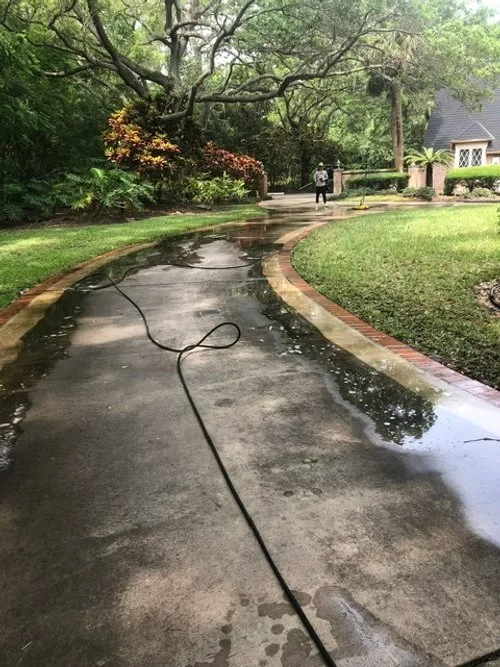 Wet winding sidewalk in a leafy park, with a hose across the path and a small building on the right.