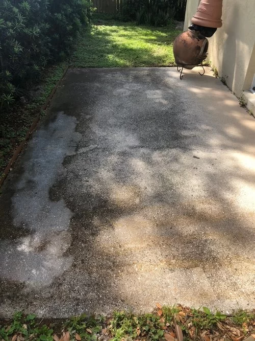 Damaged concrete walkway with uneven patches beside a wall and hedge, leading to a grassy yard