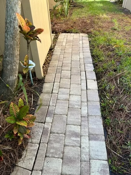 Narrow stone paver walkway beside a house, bordered by soil and tropical plants.