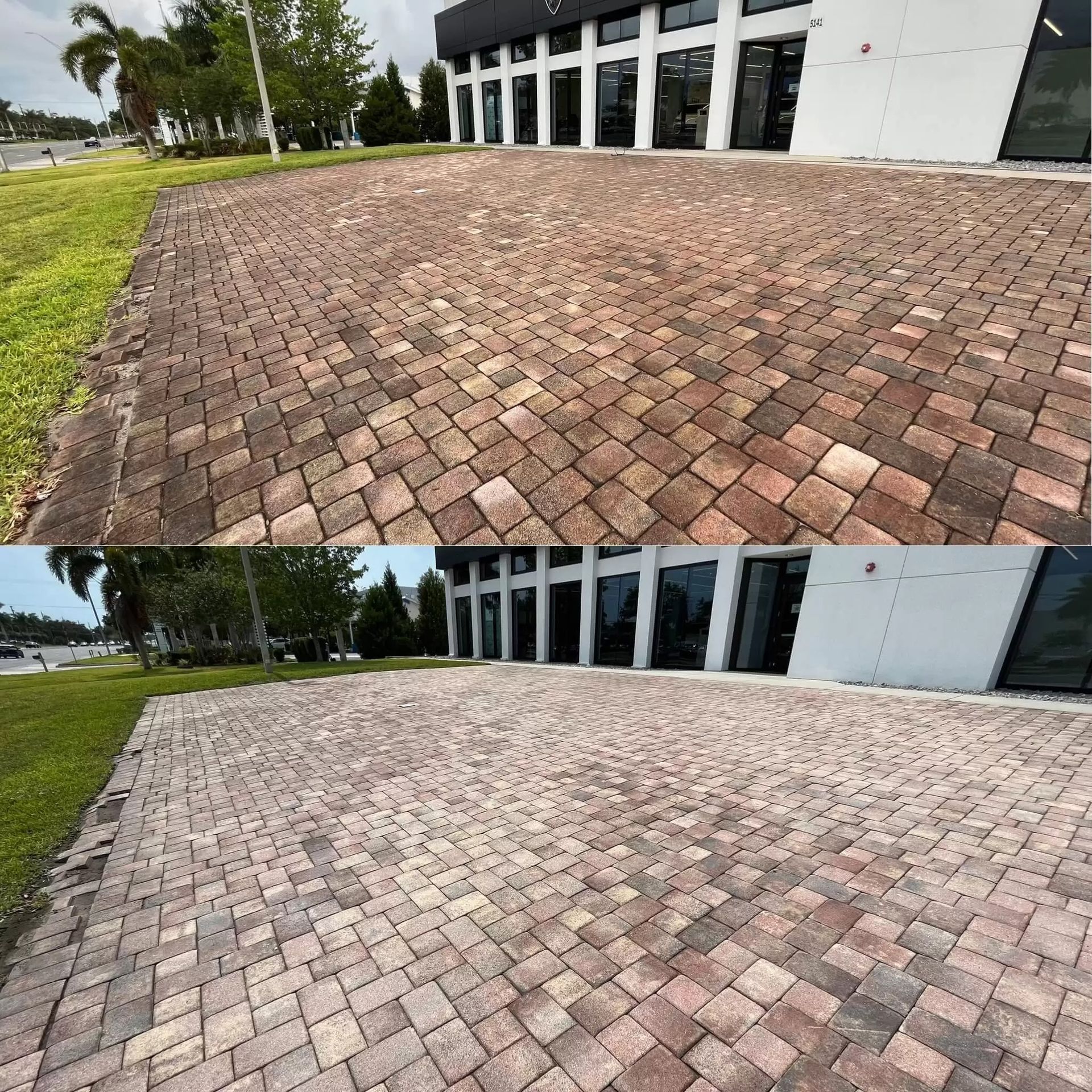 Brick-paved path beside a modern building, with a visible before-and-after surface comparison