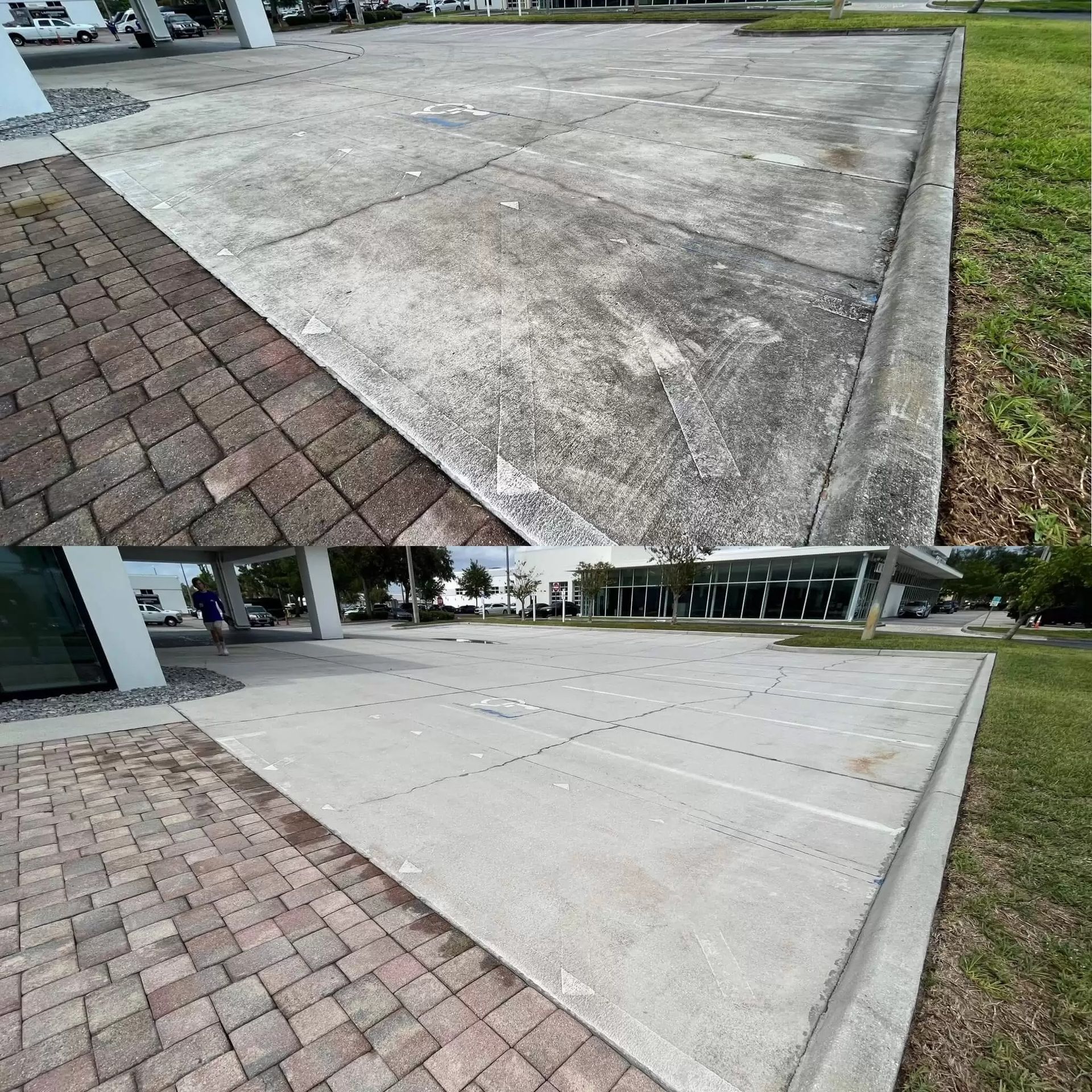 Concrete sidewalk before-and-after repair, with cracked, stained slab replaced by smooth new pavement.