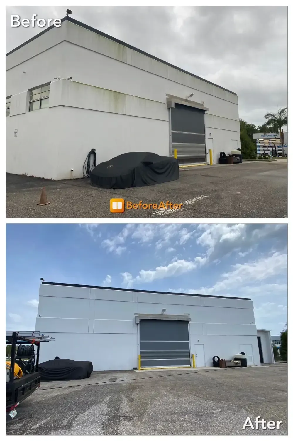 Before-and-after view of a white warehouse exterior and loading bay under cloudy and sunny skies
