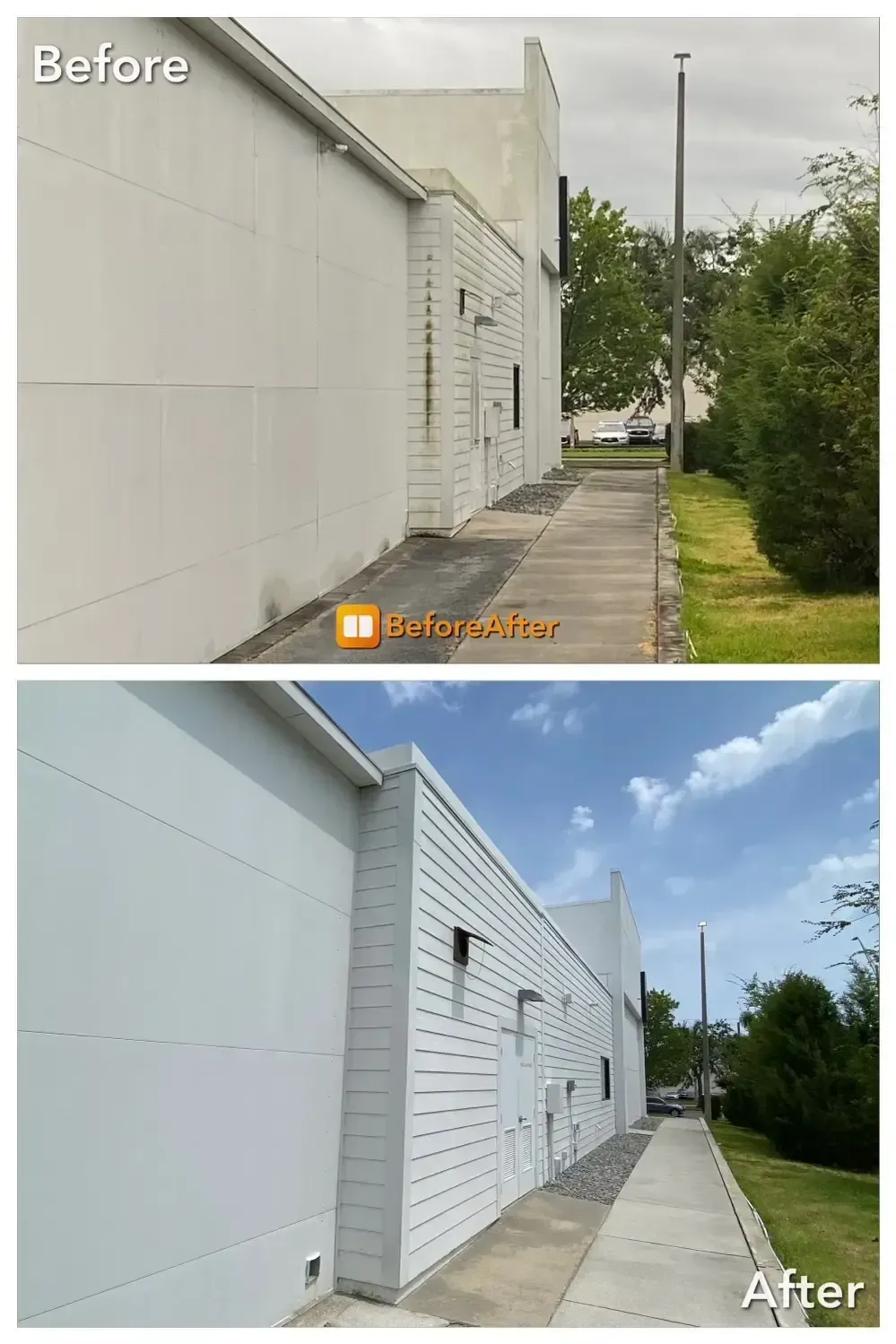 Before-and-after view of a white building exterior and sidewalk cleanup, with sky and greenery visible