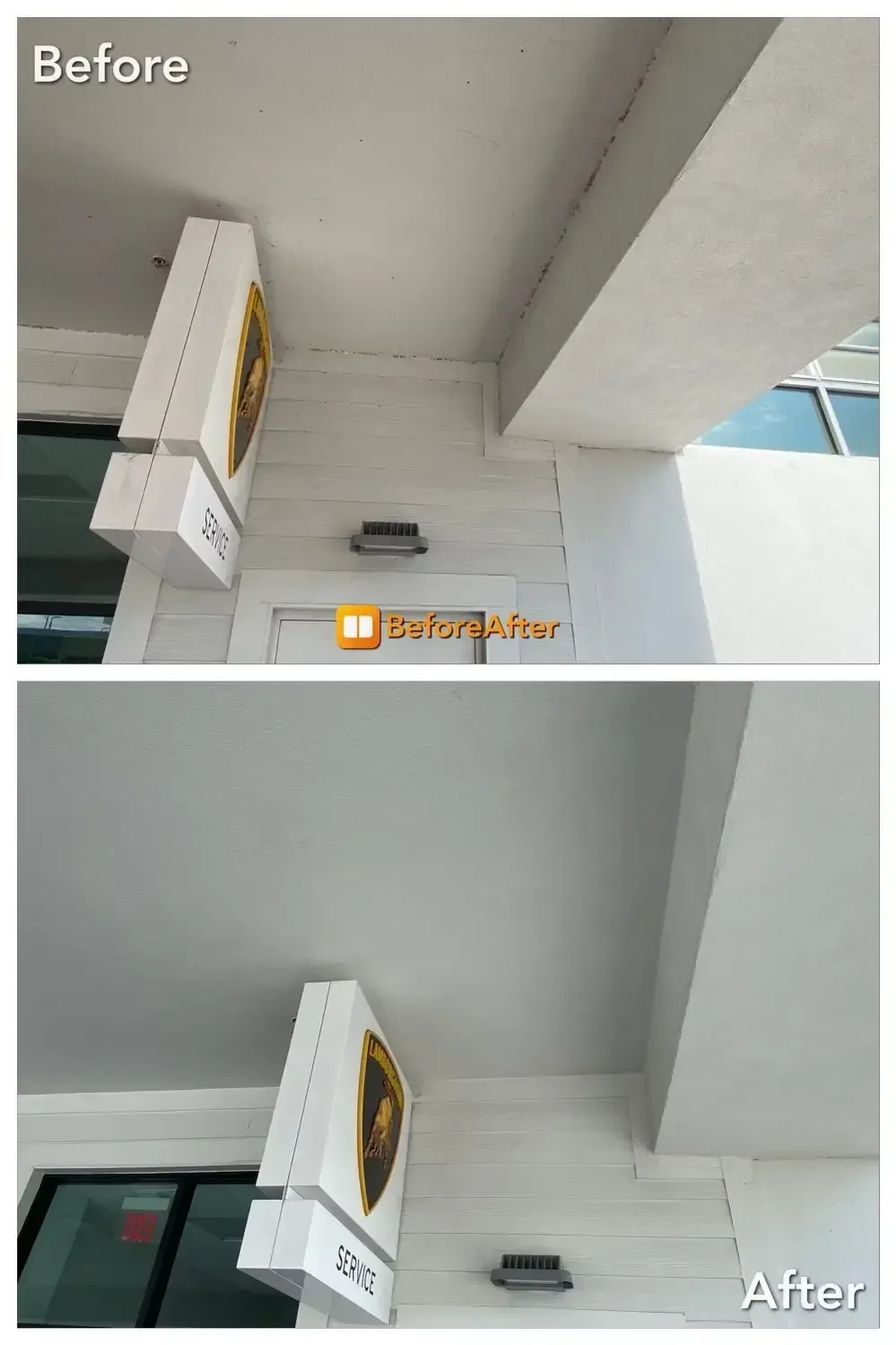 Before-and-after ceiling view of a white sign/light fixture in a room with gray walls.