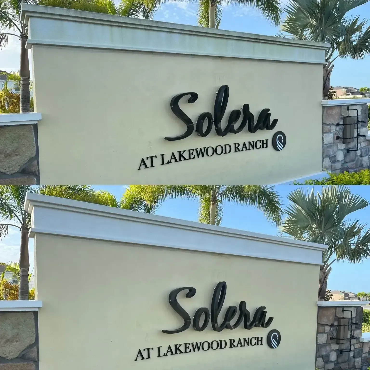 Solera at Lakewood Ranch entrance sign on a beige wall with stone pillars and palm trees