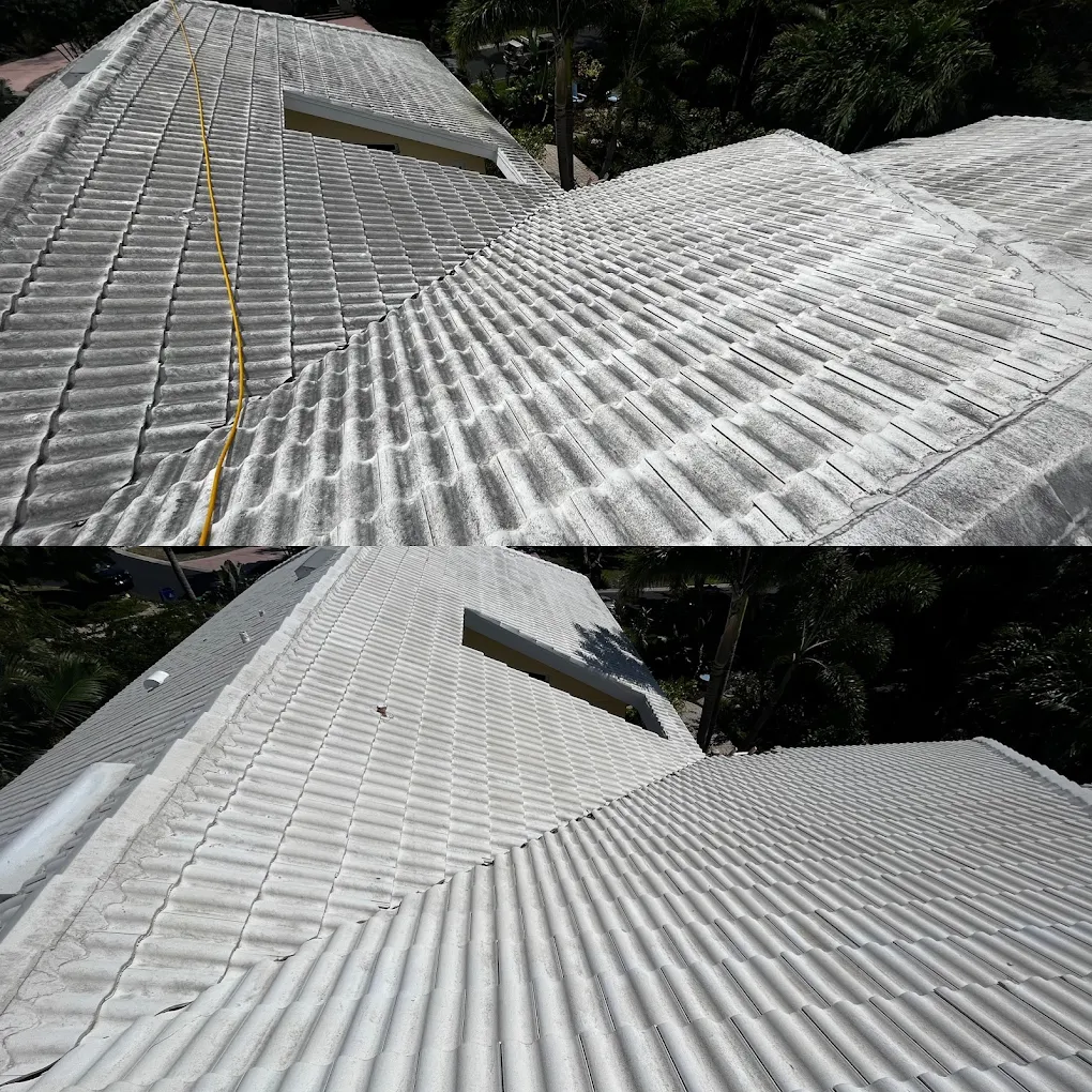 White corrugated rooftops connected by raised walkways in a lush hillside setting
