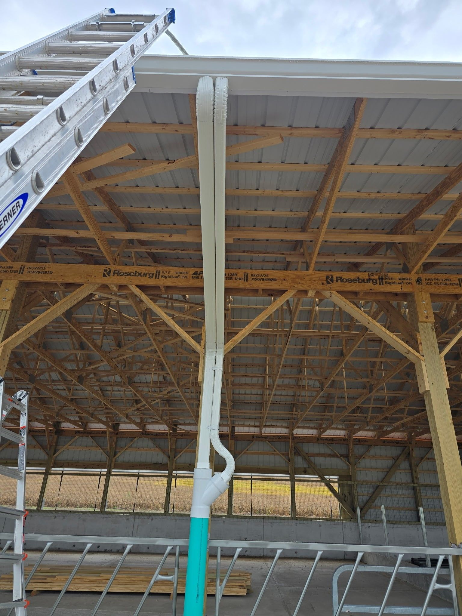 Ladder reaching toward a high steel warehouse ceiling with exposed beams and trusses