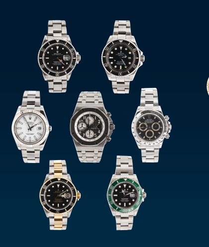 A bunch of watches are lined up on a blue background