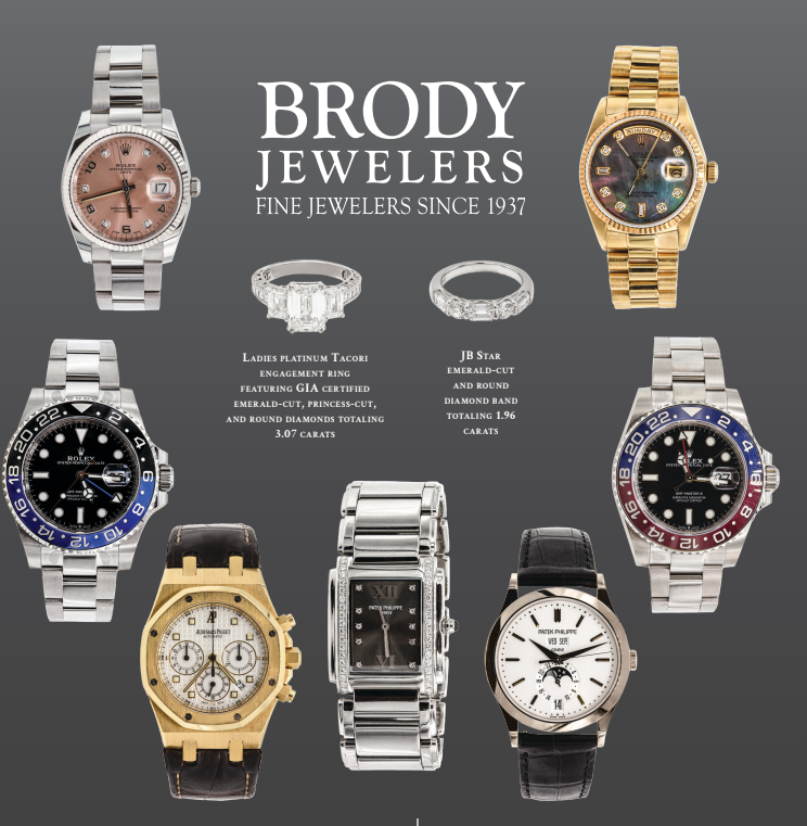 A poster for brody jewelers showing watches and rings