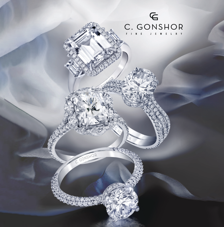 Several rings are stacked on top of each other and the brand name is c. gonshor