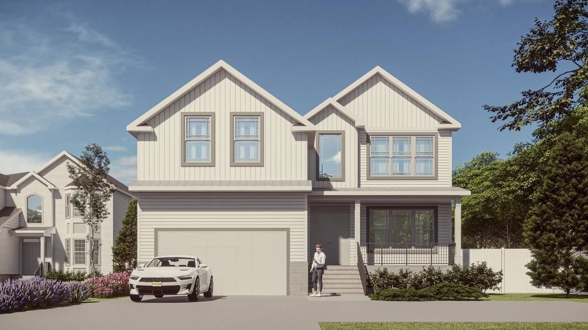 Suburban two-story house with a garage and front porch, with a car parked in the driveway.