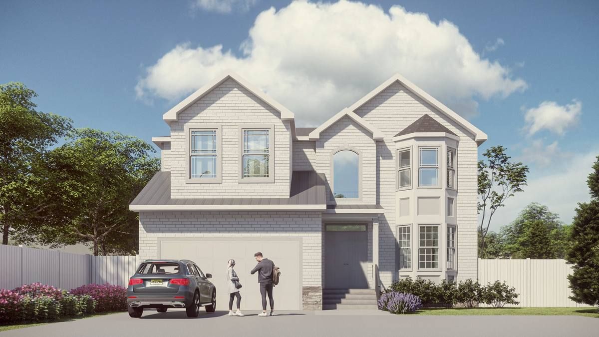 Modern two-story house with garage, car parked in driveway, and two people standing outside