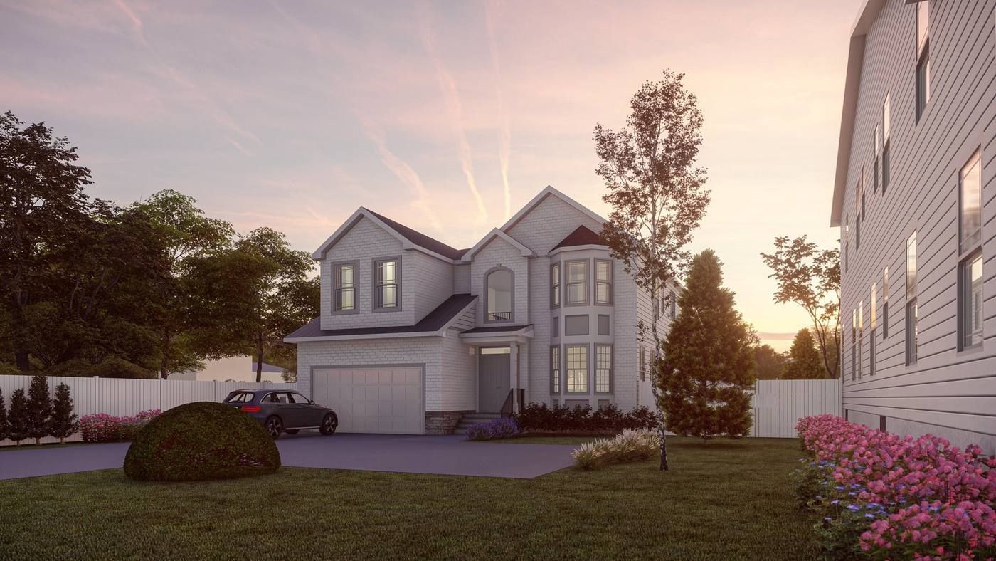 Suburban house at sunset with a driveway, front lawn, and pink flowers beside a neighboring home