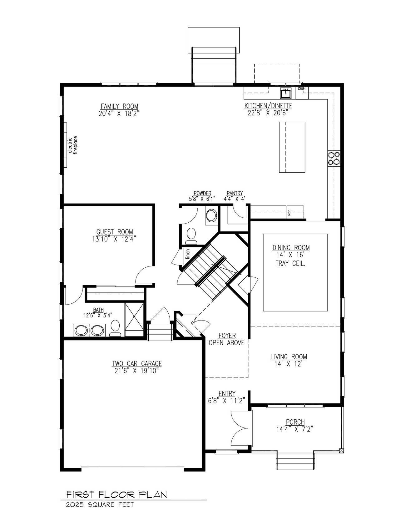 Black-and-white architectural floor plan with labeled rooms and central staircase.