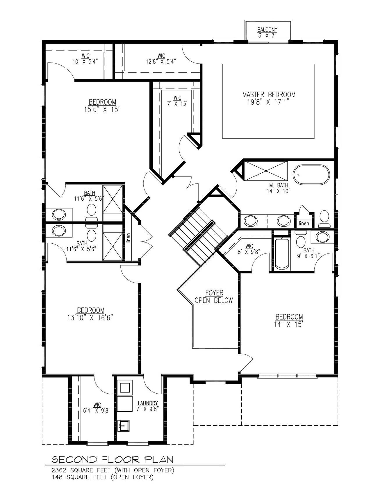 Black-and-white second-floor house plan with labeled rooms, stairs, and bathrooms.