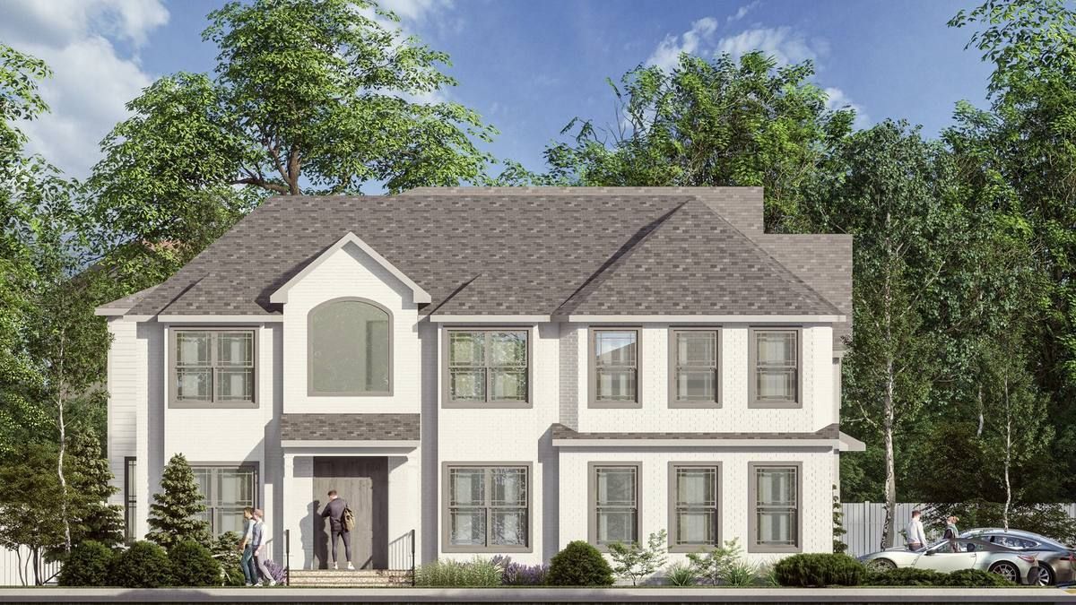Large white two-story house with gray roof, front porch, trees, and parked cars in the driveway.