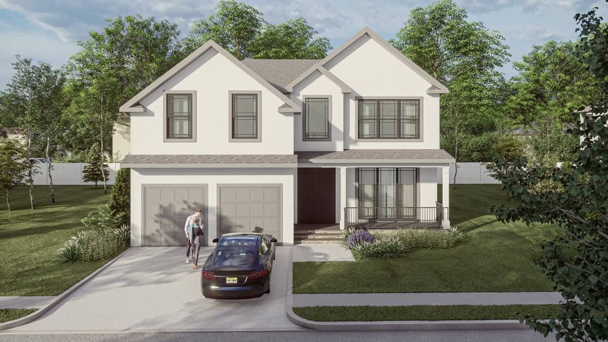 Two-story suburban house with garage, driveway, car, and front lawn bordered by trees