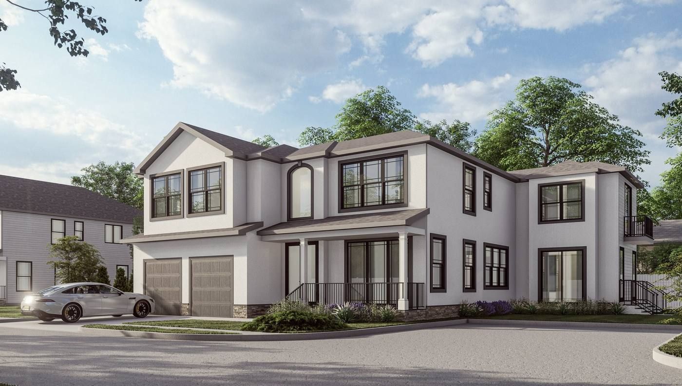 Modern two-story white house with dark trim, garage, and car in a suburban neighborhood