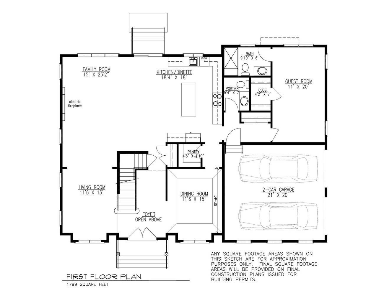 Black-and-white first-floor house plan showing rooms, stairs, and garage with two cars.
