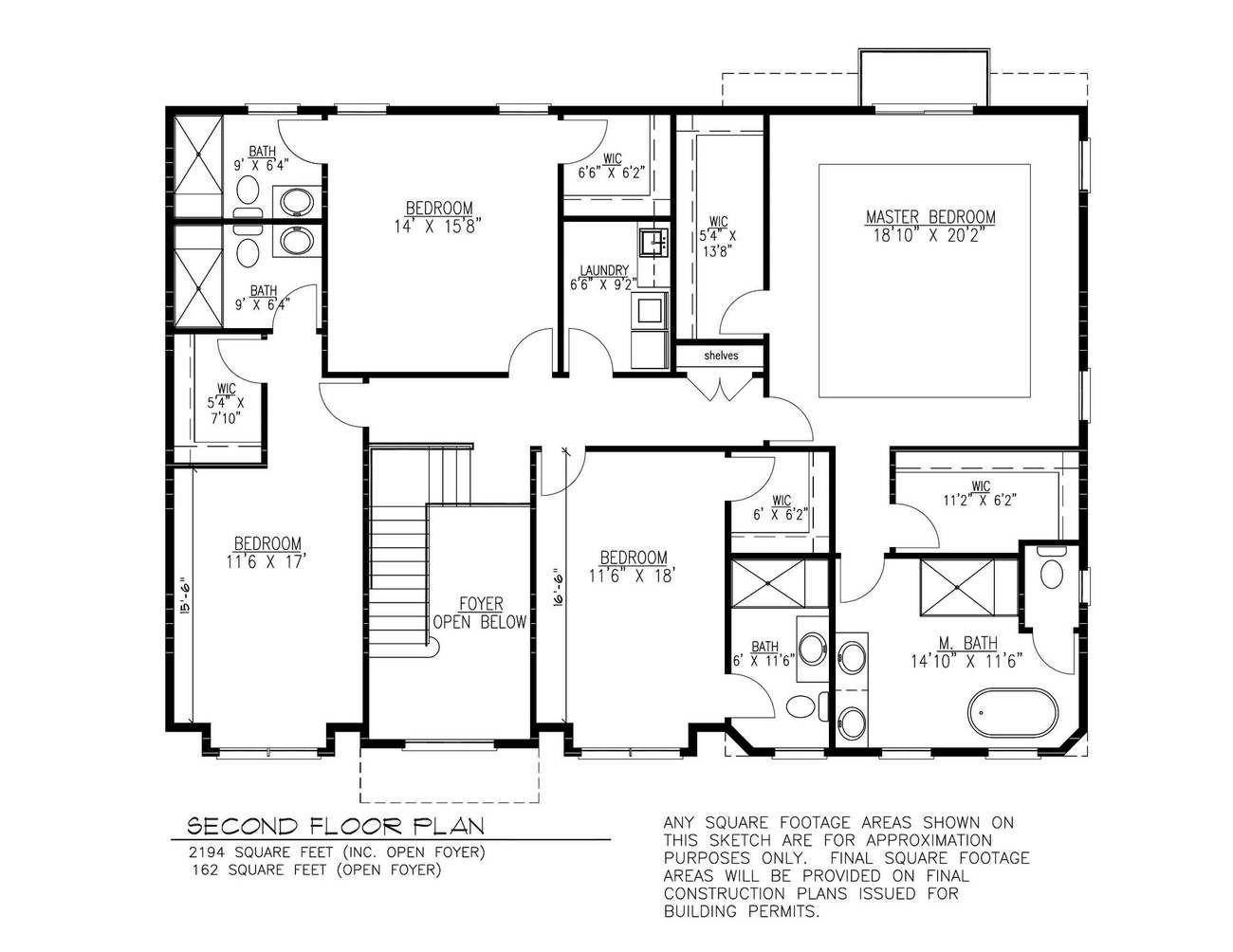 Black-and-white architectural floor plan of a second-story house with labeled rooms and stairs.
