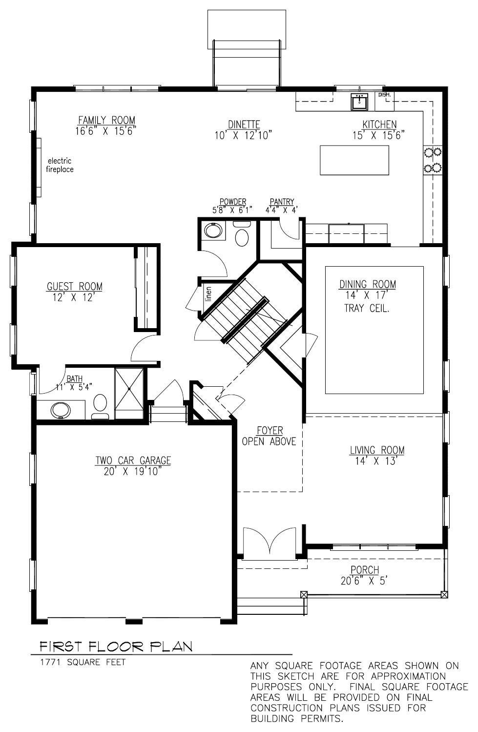 Black-and-white house floor plan with labeled rooms and central stairs/open living area
