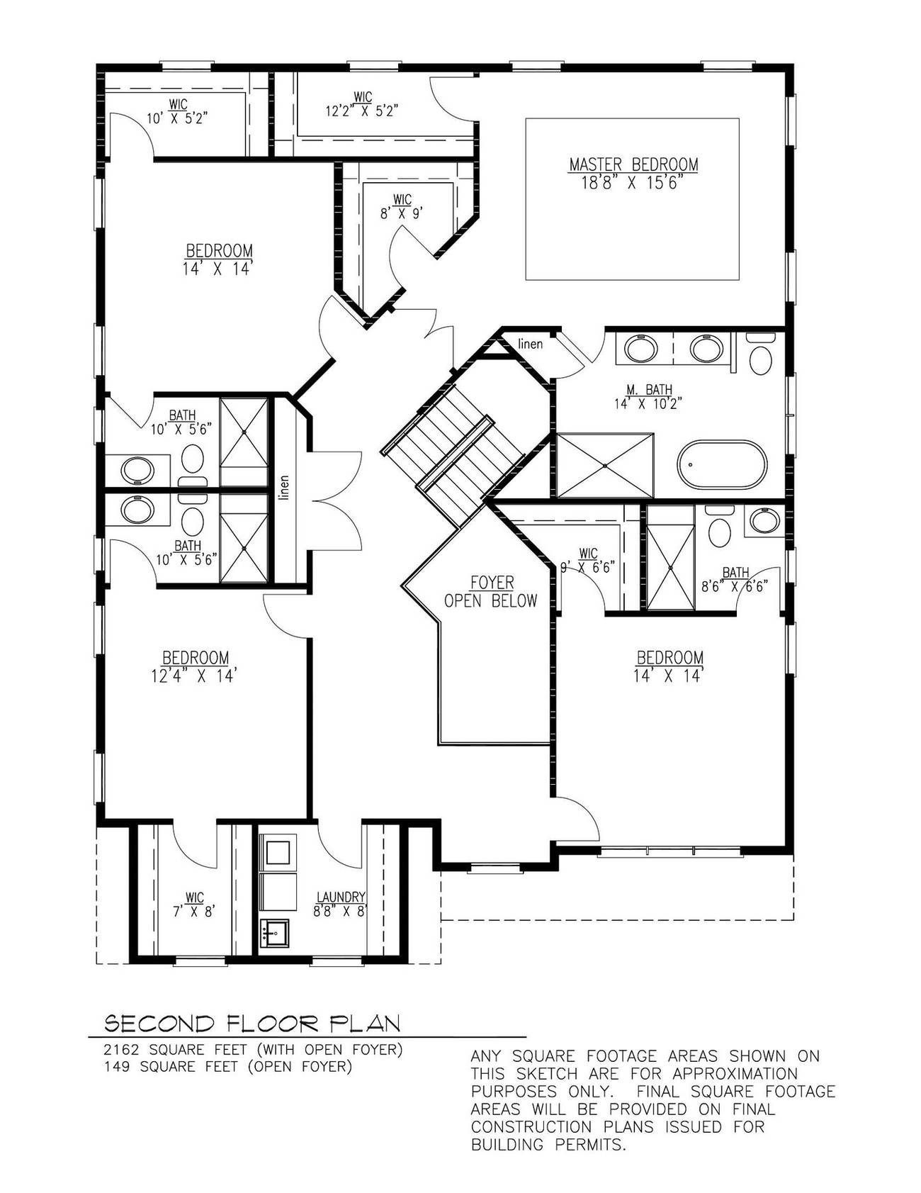 Black-and-white second-floor house plan showing bedrooms, bath, closets, and stairs around a central hall