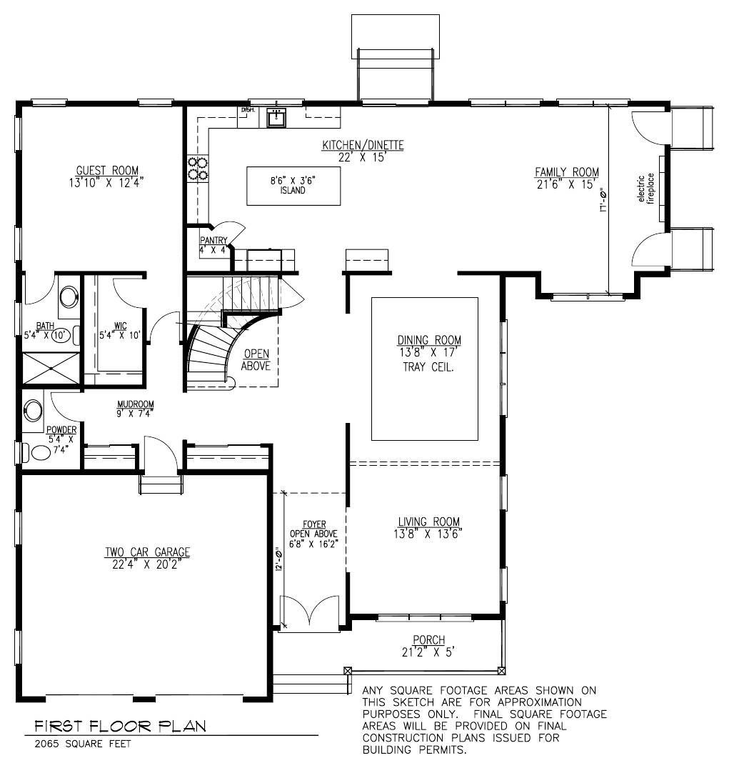 Black-and-white architectural floor plan of a house with labeled rooms and stairs