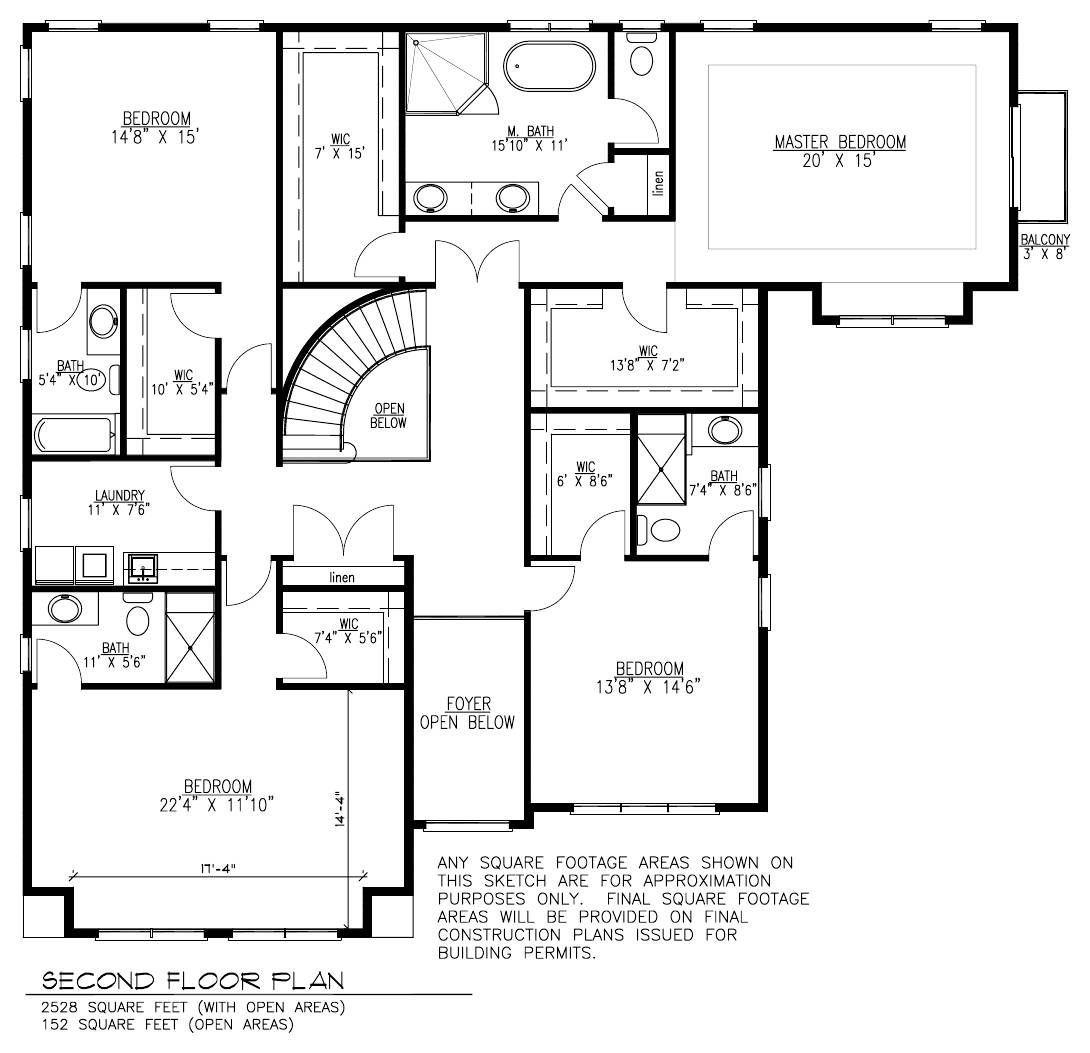 Black-and-white second-floor house plan with labeled rooms, stairs, and bathrooms.