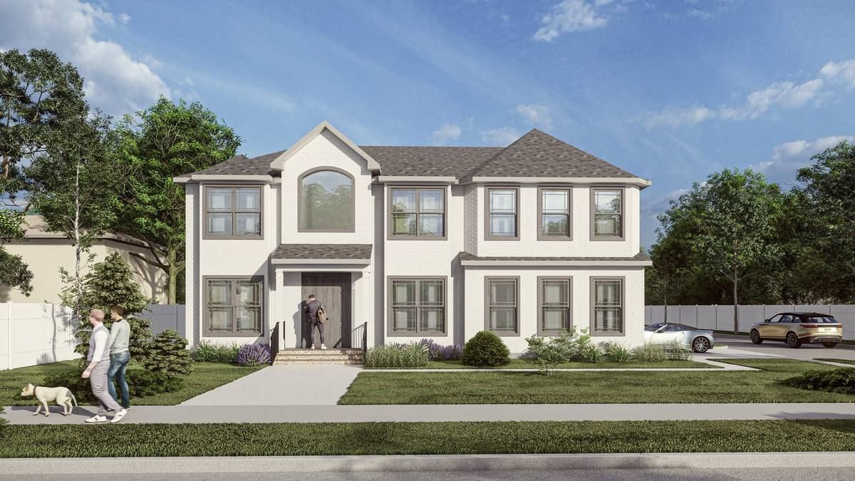 Two-story suburban house exterior with a front lawn, driveway, and two people walking on the sidewalk