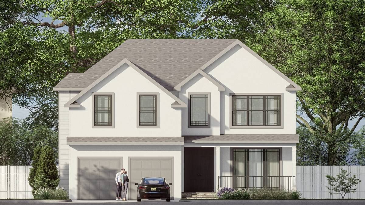 Modern two-story suburban house with gray roof, white siding, and two people standing by a car in the driveway