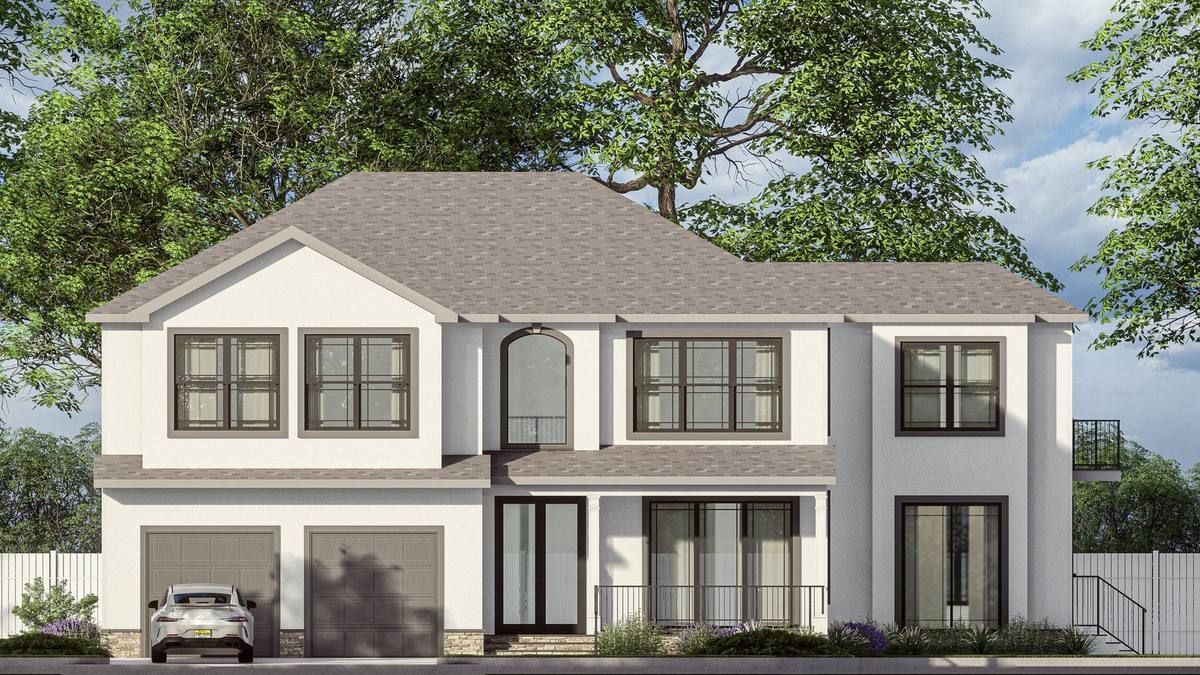 Modern two-story suburban house with white and gray exterior, attached garage, and front entryway