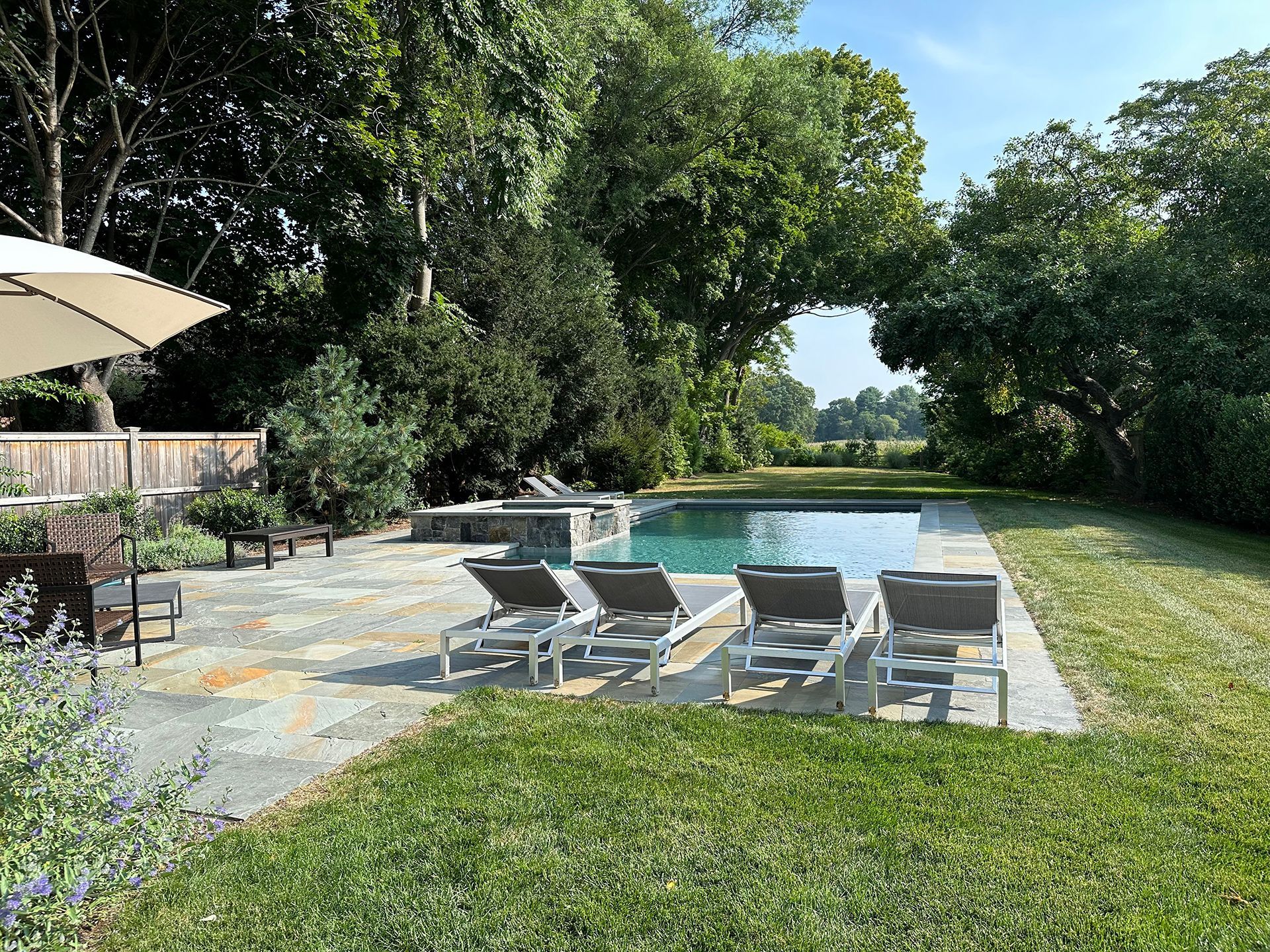 A swimming pool surrounded by chairs and umbrellas in a backyard.